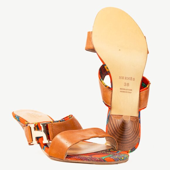 Hermes Brown Leather & Orange Printed-Silk Mule Sandals - Picture 5 of 11